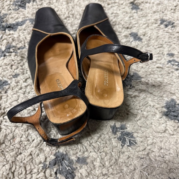 Vintage Pratesi Black Leather Block Italy Artisan Heel Slingback Sandals Size 39 - Picture 5 of 8